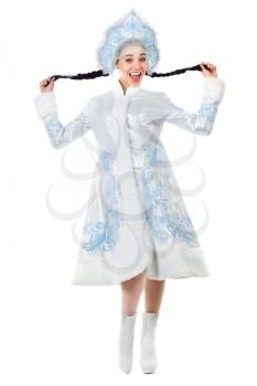 Young funny lady posing in winter costume. Isolated on white