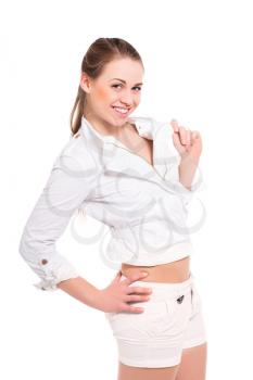 Portrait of smiling young woman in white clothes. Isolated on white