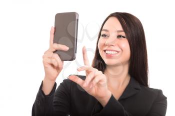 Closeup of cheerful businesswoman with smartphone. Isolated on white