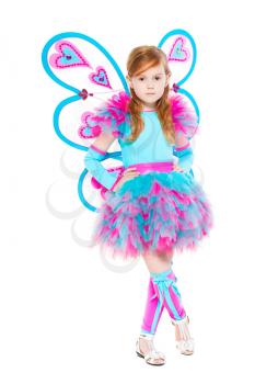 Attractive little girl dressed in blue and pink butterfly suit. Isolated on white