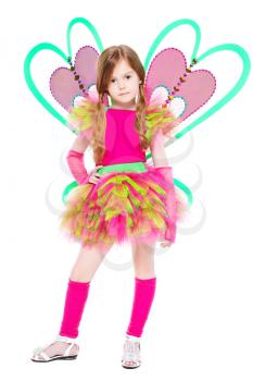 Nice little girl dressed in pink butterfly suit. Isolated on white
