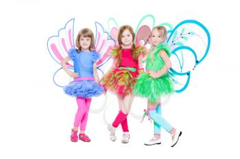 Three little girls posing in colorful butterfly dress. Isolated on white