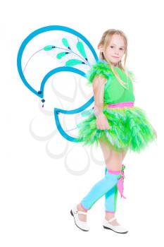 Nice little blonde wearing luxury butterfly costume. Isolated on white