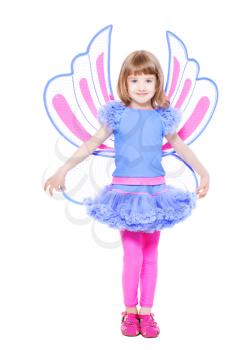 Pretty little girl wearing like a butterfly. Isolated on white