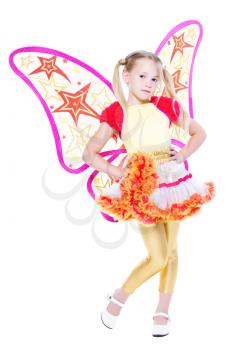Graceful little blond girl posing in butterfly dress. Isolated on white