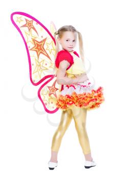 Nice little blond girl wearing butterfly costume. Isolated on white