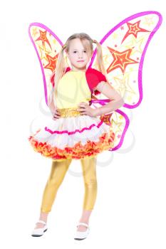 Lovely little girl wearing like a butterfly. Isolated on white