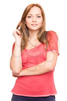 Young attractive blond woman posing in pink blouse. Isolated