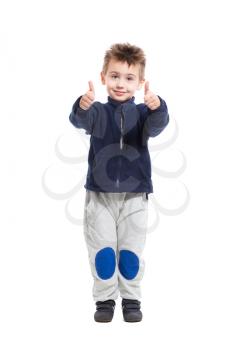Cheerful little boy posing in sport clothes. Isolated on white