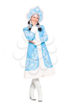 Pretty woman in snow maiden costume. Isolated on white