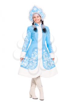Young brunette in a suit of snow maiden. Isolated on white