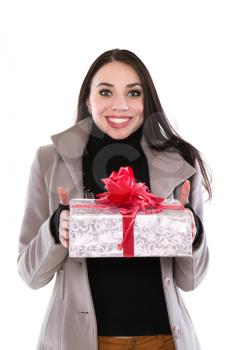 Pretty cheerful woman posing with a fancy box. Isolated on white