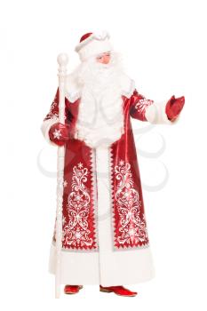 Santa Claus stretching his hand forward. Isolated on white