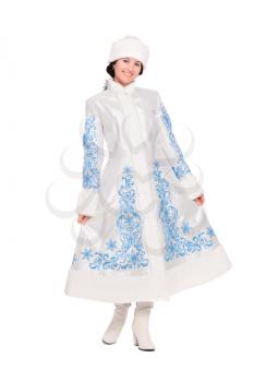 Young brunette posing in an winter costume. Isolated on white