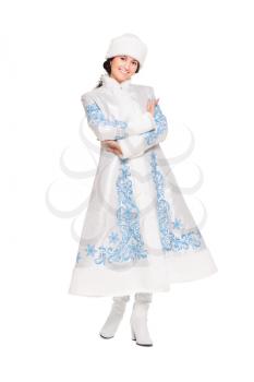 Nice brunette posing in a snow maiden costume. Isolated on white