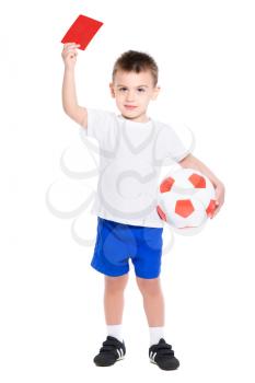 Nice little boy shows a red card. Isolated on white