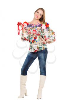Sexy playful woman posing in flowery blouse. Isolated on white