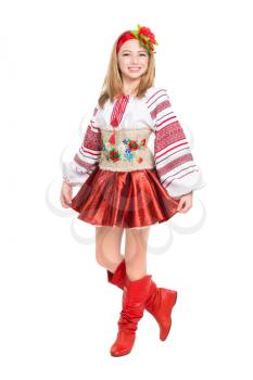 Happy little girl wearing Ukrainian national clothes. Isolated on white