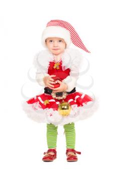 Little girl posing in Santa's helper suit. Isolated on white