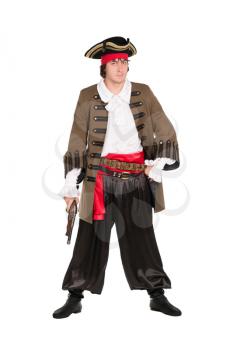 Young man wearing pirate costume with a pistol. Isolated on white