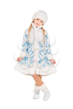 Pretty little girl wearing in snow maiden costume. Isolated on white