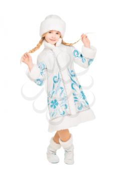 Playful little girl posing in snow maiden costume. Isolated on white