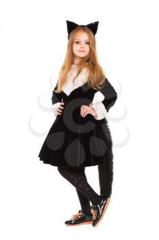 Attractive little girl dressed in black catsuit. Isolated on white
