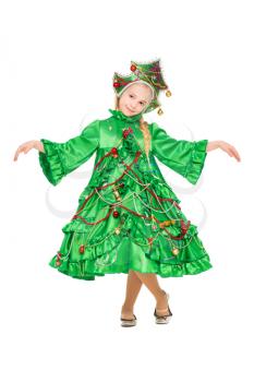Playful smiling girl wearing like a christmas tree. Isolated on white