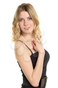 Portrait of beautiful blond woman posing in black dress. Isolated on white