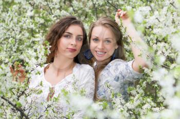 Two young beautiful ladies posing in blooming garden 