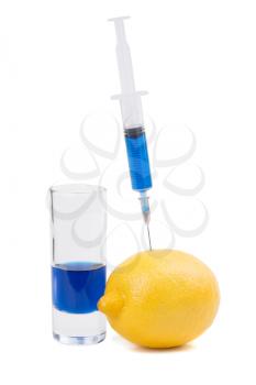 Injection of yellow lemon. Isolated on white
