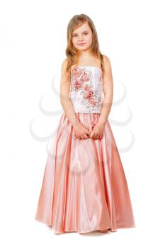 Beautiful little girl wearing nice peach dress. Isolated on white
