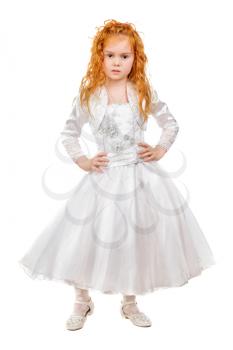 Nice redhead little girl wearing white dress. Isolated