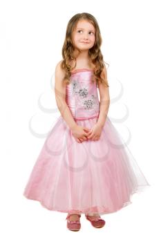Funny little girl posing in nice pink dress. Isolated on white