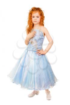 Cute little girl posing in nice blue dress. Isolated on white