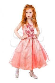 Little girl in pink dress with a thoughtful look. Isolated on white