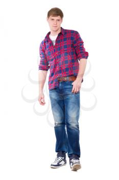 Young man posing in checked blue and red shirt. Isolated on white