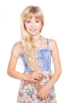 Portrait of nice little blond girl. Isolated on white