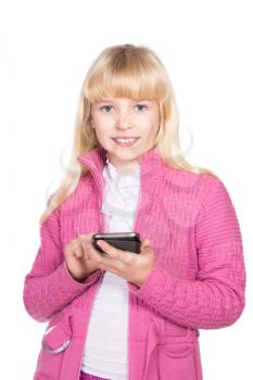 Portrait of cheerful blond girl with smartphone. Isolated on white
