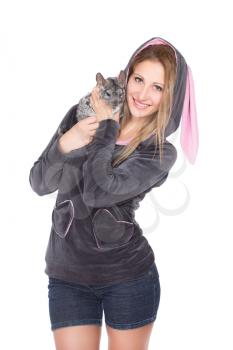 Portrait of smiling blond woman with chinchilla. Isolated on white