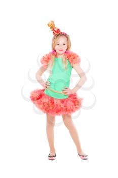 Beautiful girl posing in candy suit. Isolated on white