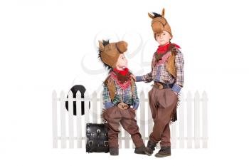 Two little boys wearing carnival costumes. Isolated on white