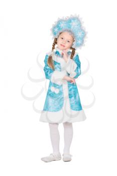 Little girl posing in snow maiden costume. Isolated on white