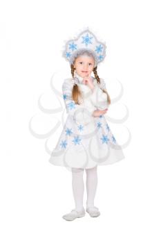 Little girl posing in snow maiden costume. Isolated on white