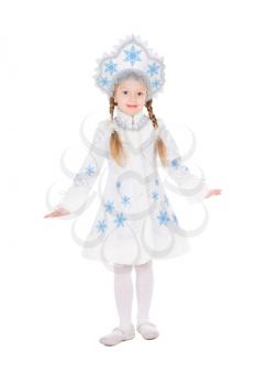 Beautiful girl posing in snowflake costume. Isolated on white