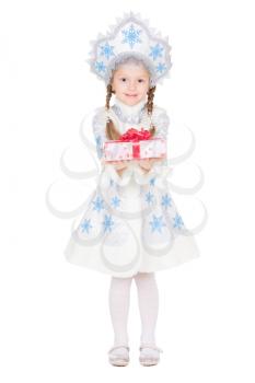 Little girl in snow maiden costume with a gift box. Isolated on white