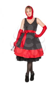 Beautiful young woman wearing black and red dress. Isolated on white