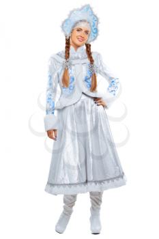 Young smiling lady posing in the snow maiden costume. Isolated on white
