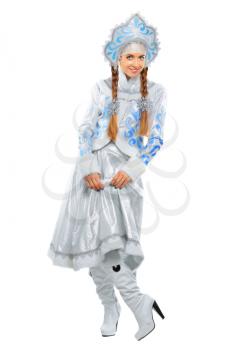 Playful woman in the snow maiden costume showing hers boots. Isolated on white
