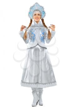 Pretty woman in the snow maiden costume demonstrating her beautiful plaits. Isolated on white
